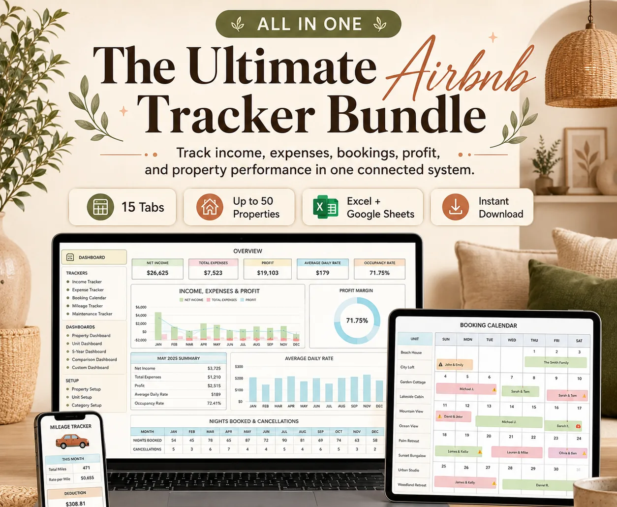The Ultimate Airbnb Tracker Bundle shown on a laptop, tablet, and phone with income, booking, and performance dashboards